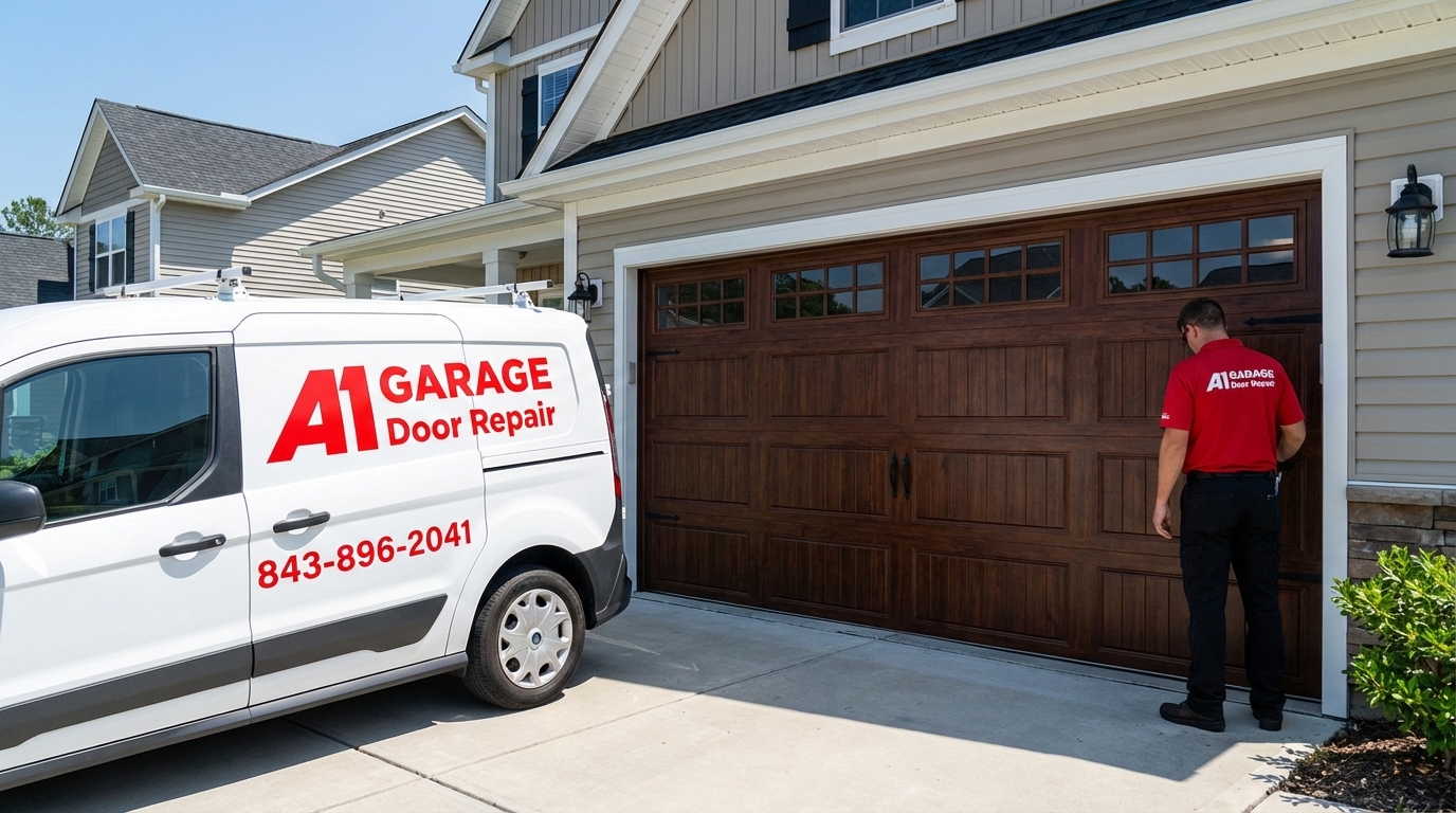 Close up view of a premium custom wooden garage door installation..jpg in Charleston, SC